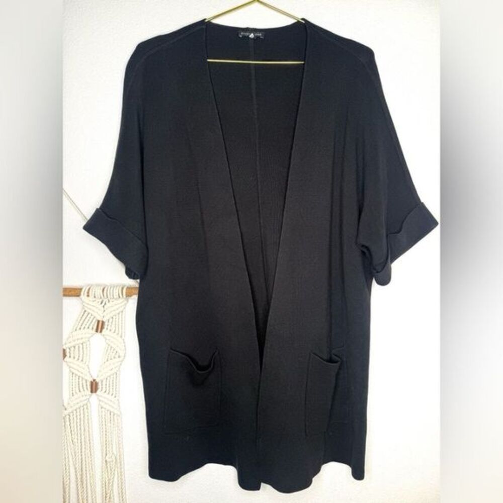 Eileen Fisher open Cardi sweater Black Open-Front Cardigan Cuffed Short Sleeve